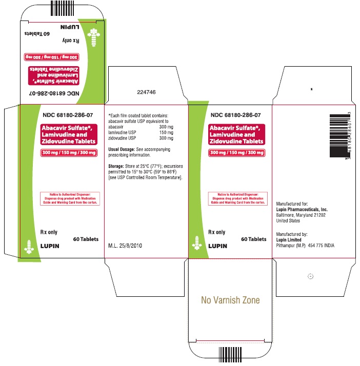 NDC: <a href=/NDC/68180-286-07>68180-286-07</a>

ABACAVIR SULFATE, LAMIVUDINE AND ZIDOVUDINE TABLETS 
300 mg 150 mg 300 mg
TABLETS
Rx only
			Carton Label: 60 Tablets