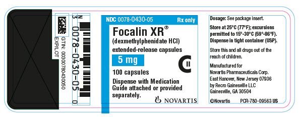 PRINCIPAL DISPLAY PANEL
									NDC: <a href=/NDC/0078-0430-05>0078-0430-05</a>
									Rx only
									Focalin XR®
									(dexmethylphenidate HCl)
									extended-release capsules
									5 mg
									100 capsules
									Dispense with Medication Guide attached or provided separately.
									NOVARTIS