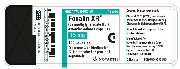 PRINCIPAL DISPLAY PANEL
									NDC: <a href=/NDC/0078-0493-05>0078-0493-05</a>
									Rx only
									Focalin XR®
									(dexmethylphenidate HCl)
									extended-release capsules
									15 mg
									100 capsules
									Dispense with Medication Guide attached or provided separately.
									NOVARTIS