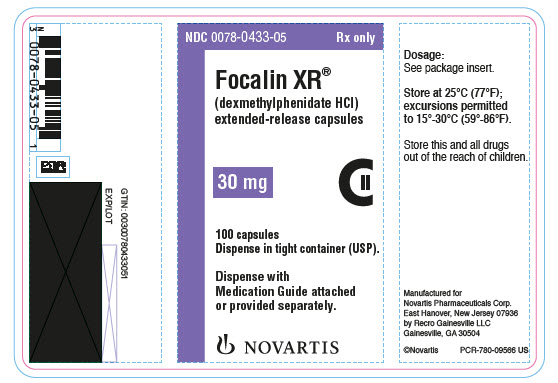 PRINCIPAL DISPLAY PANEL
									NDC: <a href=/NDC/0078-0433-05>0078-0433-05</a>
									Rx only
									Focalin XR®
									(dexmethylphenidate HCl)
									extended-release capsules
									30 mg
									100 capsules
									Dispense in tight container (USP).
									Dispense with Medication Guide attached or provided separately.
									NOVARTIS