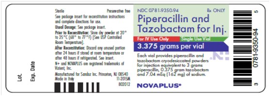 Piperacillin and Tazobactam for Injection 3.375 grams per vial label