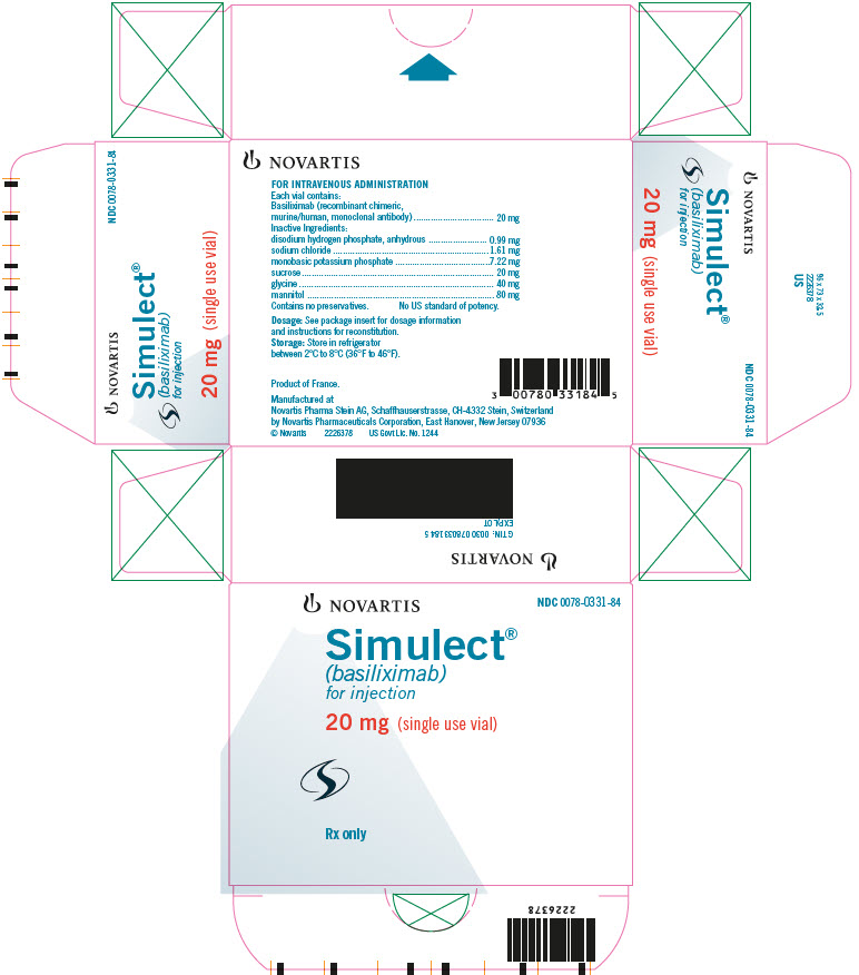 NOVARTIS
							NDC: <a href=/NDC/0078-0331-84>0078-0331-84</a>
							Simulect®
							(basiliximab)
							for injection
							20 mg (single use vial)
							Rx only