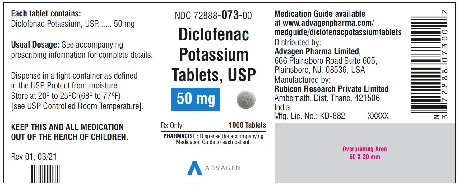Diclofenac Potassium Tablets,USP 50 mg - NDC: <a href=/NDC/72888-073-00>72888-073-00</a>  - 1000 Tablets Bottle