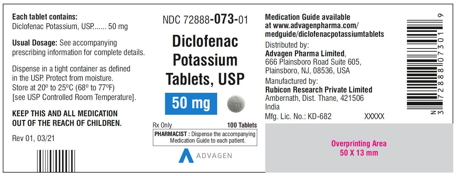 Diclofenac Potassium Tablets,USP 50 mg - NDC: <a href=/NDC/72888-073-01>72888-073-01</a>  - 100 Tablets Bottle