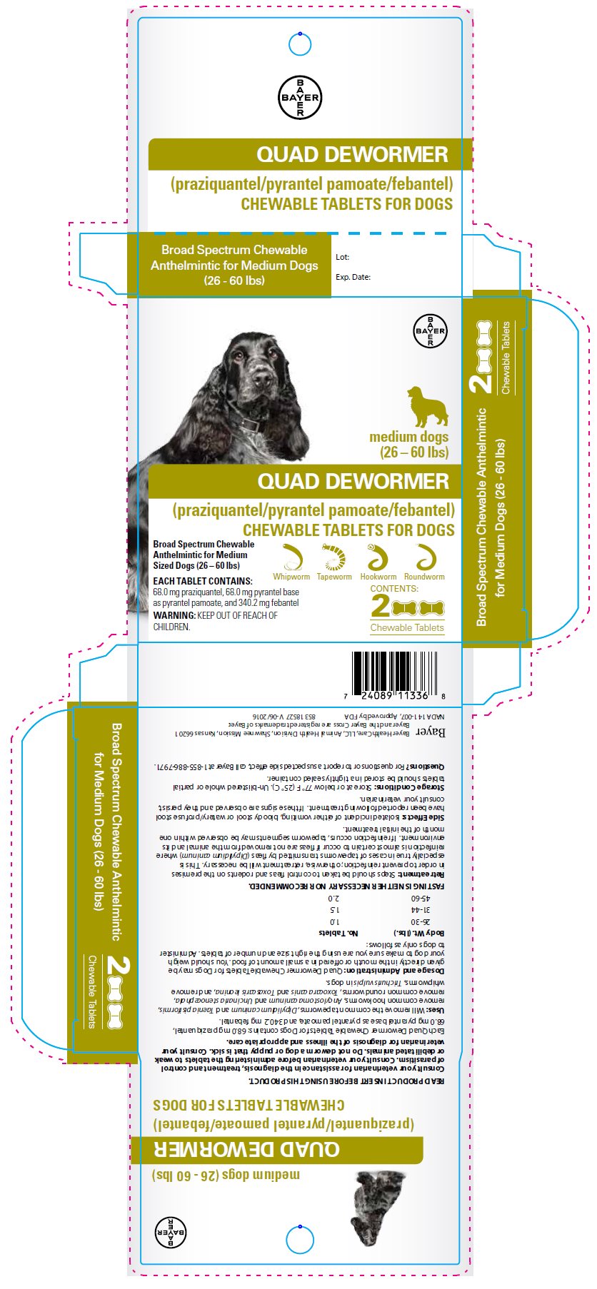 Quad Dewormer (praziquantel/pyrantel pamoate/febantel) Chewable Tablets for Dogs label - medium dogs (26-60 lbs)