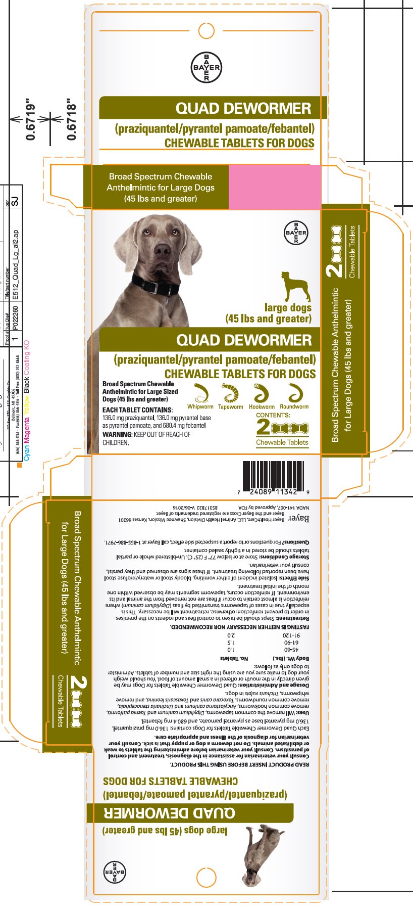 Quad Dewormer (praziquantel/pyrantel pamoate/febantel) Chewable Tablets for Dogs label - large dogs (45 lbs and greater)