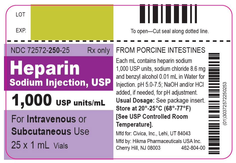NDC: <a href=/NDC/72572-250-25>72572-250-25</a> Rx only Heparin Sodium Injection, USP 1,000 USP units/mL For Intravenous or Subcutaneous Use 25 x 1 mL Vials