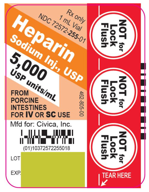 Rx only 1 mL Vial NDC: <a href=/NDC/72572-255-01>72572-255-01</a> Heparin Sodium Inj., USP 5,000 USP units/mL FROM PORCINE INTESTINES FOR IV OR SC USE
