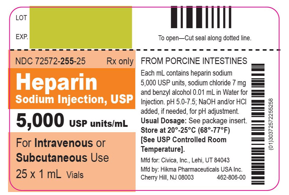 NDC: <a href=/NDC/72572-255-25>72572-255-25</a> Rx only Heparin Sodium Injection, USP 5,000 USP units/mL For Intravenous or Subcutaneous Use 25 x 1 mL Vials