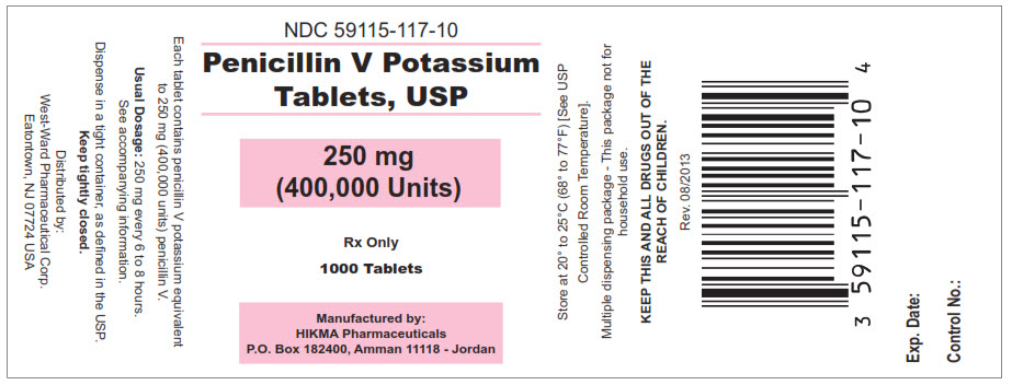 Penicllin V Potassium Tablets, USP 250 mg (400,000 Units) 1000 Tablets NDC: <a href=/NDC/59115-117-10>59115-117-10</a>