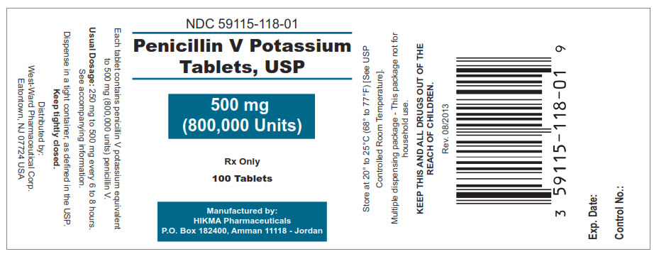 Penicillin V Potassium Tablets, USP 500 mg (800,00 Units) 100 Tablets NDC: <a href=/NDC/59115-118-01>59115-118-01</a>