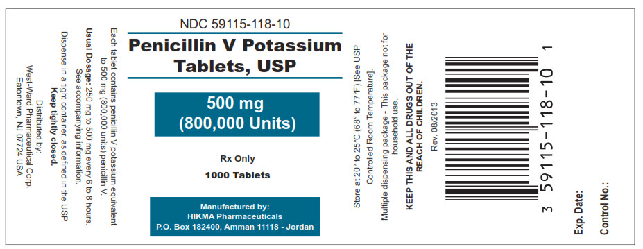 Pencillin V Potassium Tablets, USP 500 mg (800,000 Units) 1000 Tablets NDC: <a href=/NDC/59115-118-10>59115-118-10</a>