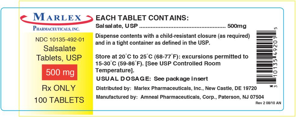 MARLEX PHARMACEUTICALS, INC.
NDC: <a href=/NDC/10135-492-10>10135-492-10</a>
Salsalate 
Tablets, USP 
500 mg 
Rx ONLY 
1000 TABLETS
