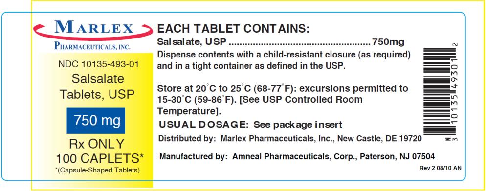 MARLEX PHARMACEUTICALS, INC.
NDC: <a href=/NDC/10135-493-10>10135-493-10</a>
Salsalate 
Tablets, USP 
750 mg 
Rx ONLY 
1000 CAPLETS*
* (Capsule-Shaped Tablets)
