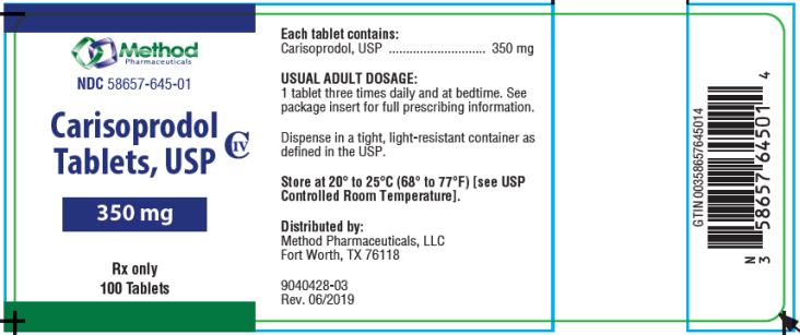 PRINCIPAL DISPLAY PANEL
NDC: <a href=/NDC/58657-645-01>58657-645-01</a>
Carisoprodol 
Tablets, USP
350 mg
Rx Only
100 Tablets
