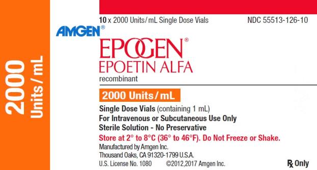 PRINCIPAL DISPLAY PANEL
NDC: <a href=/NDC/55513-126-10>55513-126-10</a>
10 x 2000 Units/mL Single Dose Vials
AMGEN®
EPOGEN®
EPOETIN ALFA
recombinant
2000 Units/mL
2000 Units/mL
Single Dose Vials (containing 1 mL)
For Intravenous or Subcutaneous Use Only
Sterile Solution – No Preservative
Store at 2˚ to 8˚C (36˚ to 46˚F). Do Not Freeze or Shake.
Manufactured by Amgen Inc.
Thousand Oaks, CA 91320-1799 U.S.A.
U.S. License No. 1080
©2012,2017 Amgen Inc.
Rx Only
