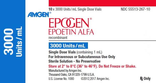 PRINCIPAL DISPLAY PANEL
NDC: <a href=/NDC/55513-267-10>55513-267-10</a>
10 x 3000 Units/mL Single Dose Vials
AMGEN®
EPOGEN®
EPOETIN ALFA
recombinant
3000 Units/mL
3000 Units/mL
Single Dose Vials (containing 1 mL)
For Intravenous or Subcutaneous Use Only
Sterile Solution – No Preservative
Store at 2˚ to 8˚C (36˚ to 46˚F).  Do Not Freeze or Shake.
Manufactured by Amgen Inc.
Thousand Oaks, CA 91320-1799 U.S.A.
U.S. License No. 1080
©2012,2017 Amgen Inc.
Rx Only
