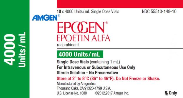 PRINCIPAL DISPLAY PANEL
NDC: <a href=/NDC/55513-148-10>55513-148-10</a>
10 x 4000 Units/mL Single Dose Vials
AMGEN®
EPOGEN®
EPOETIN ALFA
recombinant
4000 Units/mL
4000 Units/mL
Single Dose Vials (containing 1 mL)
For Intravenous or Subcutaneous Use Only
Sterile Solution – No Preservative
Store at 2˚ to 8˚C (36˚ to 46˚F).  Do Not Freeze or Shake.
Manufactured by Amgen Inc.
Thousand Oaks, CA 91320-1799 U.S.A.
U.S. License No. 1080
©2012,2017 Amgen Inc.
Rx Only
