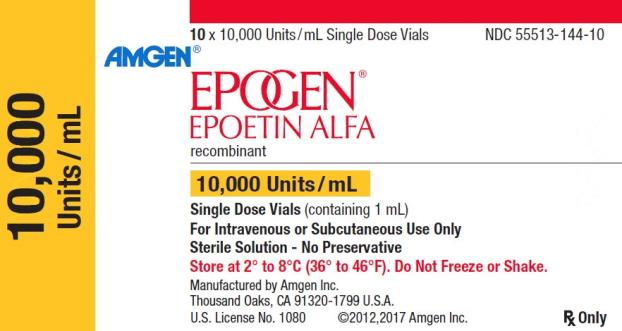 PRINCIPAL DISPLAY PANEL
NDC: <a href=/NDC/55513-144-10>55513-144-10</a>
10 x 10,000 Units/mL Single Dose Vials
AMGEN®
EPOGEN®
EPOETIN ALFA
recombinant
10,000 Units/mL
10,000 Units/mL
Single Dose Vials (containing 1 mL)
For Intravenous or Subcutaneous Use Only
Sterile Solution – No Preservative
Store at 2˚ to 8˚C (36˚ to 46˚F).  Do Not Freeze or Shake.
Manufactured by Amgen Inc.
Thousand Oaks, CA 91320-1799 U.S.A.
U.S. License No. 1080
©2012,2017 Amgen Inc.
Rx Only
