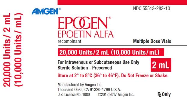 PRINCIPAL DISPLAY PANEL
NDC: <a href=/NDC/55513-283-10>55513-283-10</a>
AMGEN®
EPOGEN®
EPOETIN ALFA
recombinant
Multiple Dose Vials
20,000 Units/2 mL 
(10,000 Units/mL)
20,000 Units/2 mL (10,000 Units/mL)
For Intravenous or Subcutaneous Use Only
Sterile Solution – Preserved
2 mL
Store at 2˚ to 8˚C (36˚ to 46˚F).  Do Not Freeze or Shake.
Manufactured by Amgen Inc.
Thousand Oaks, CA 91320-1799 U.S.A.
U.S. License No. 1080
©2012,2017 Amgen Inc.
Rx Only
