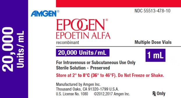 PRINCIPAL DISPLAY PANEL
NDC: <a href=/NDC/55513-478-10>55513-478-10</a>
AMGEN®
EPOGEN®
EPOETIN ALFA
recombinant
Multiple Dose Vials
20,000 Units/mL
20,000 Units/mL
1 mL
For Intravenous or Subcutaneous Use Only
Sterile Solution – Preserved
Store at 2˚ to 8˚C (36˚ to 46˚F).  Do Not Freeze or Shake.
Manufactured by Amgen Inc.
Thousand Oaks, CA 91320-1799 U.S.A.
U.S. License No. 1080
©2012,2017 Amgen Inc.
Rx Only
