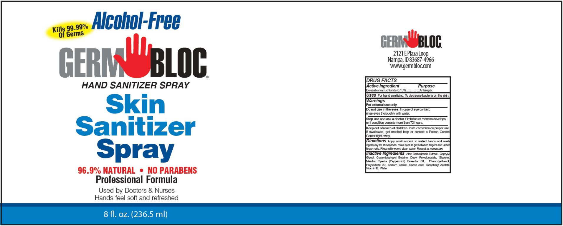 PRINCIPAL DISPLAY PANEL
Alcohol-Free
Kills 99.99% of Germs
GERM BLOC® 
HAND SANITIZER SPRAY 
Skin
Sanitizer
Spray
8 fl. oz. (236.5 ml)