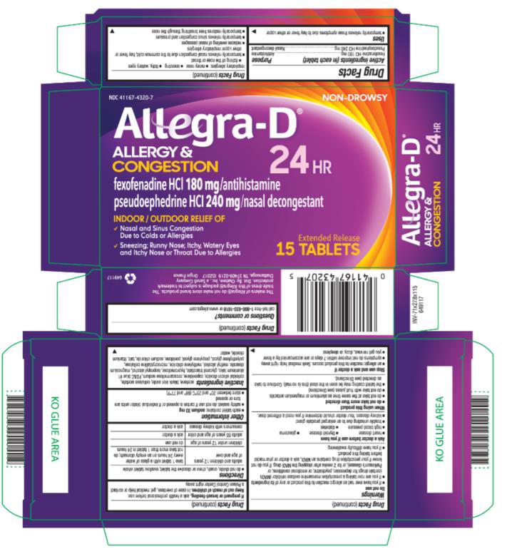 PRINCIPAL DISPLAY PANEL
NDC: <a href=/NDC/41167-4320-7>41167-4320-7</a>
NON-DROWSY
Allegra-D®
ALLERGY & CONGESTION
fexofenadine HCi 180 mg/antihistamine
pseudoephedrine HCi 240 mg/nasal decongestant
Extended Release Tablets
15 Tablets
