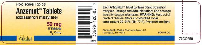 PRINCIPAL DISPLAY PANEL
NDC: <a href=/NDC/30698-120-05>30698-120-05</a>
Anzemet Tablets
(dolasetron Mesylate)
50 mg
5 Tablets
Rx Only
