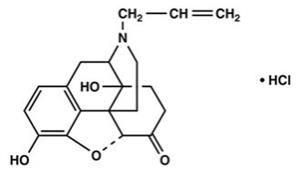  The following structural formula for Naloxone Hydrochloride, USP is chemically designated 17-Allyl-4,5α-epoxy-3,14-dihydroxymorphinan-6-one hydrochloride (C19H21NO4  HCl), a white to slightly off-white powder soluble in water, in dilute acids, and in strong alkali; slightly soluble in alcohol; practically insoluble in ether and chloroform. It has a molecular weight of 363.84. 