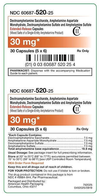 30 mg Dextroamphetamine Saccharate, Amphetamine Aspartate Monohydrate, Dextroamphetamine Sulfate and Amphetamine Sulfate Extended-Release Capsules Carton