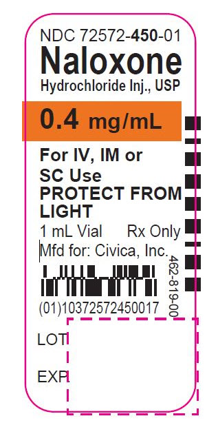 NDC: <a href=/NDC/72572-450-01>72572-450-01</a> Naloxone Hydrochloride Inj., USP 0.4 mg/mL For IV, IM or SC Use PROTECT FROM LIGHT 1 mL Vial Rx only