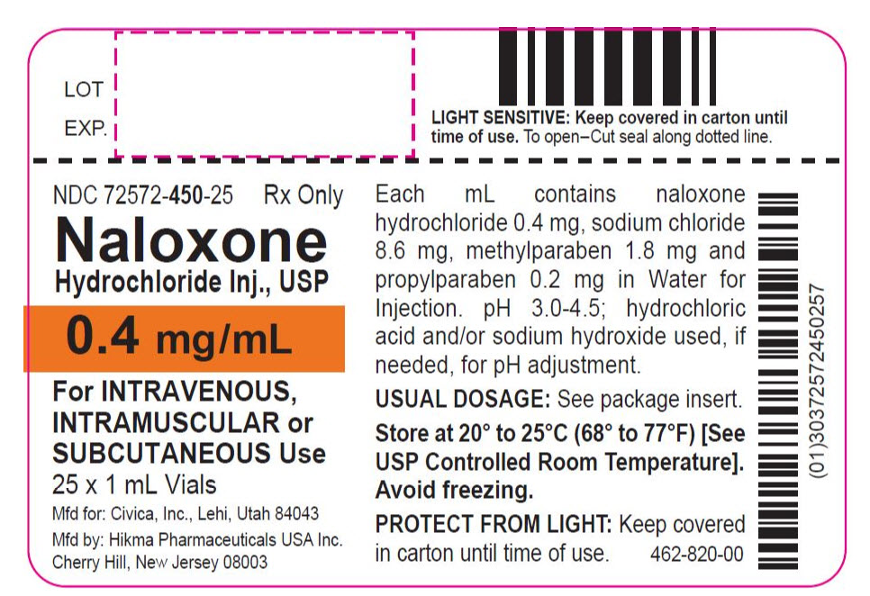 NDC: <a href=/NDC/72572-450-25>72572-450-25</a> Rx only Naloxone Hydrochloride Inj., USP 0.4 mg/mL For INTRAVENOUS, INTRAMUSCULAR or SUBCUTANEOUS Use 25 x 1 mL Vials
