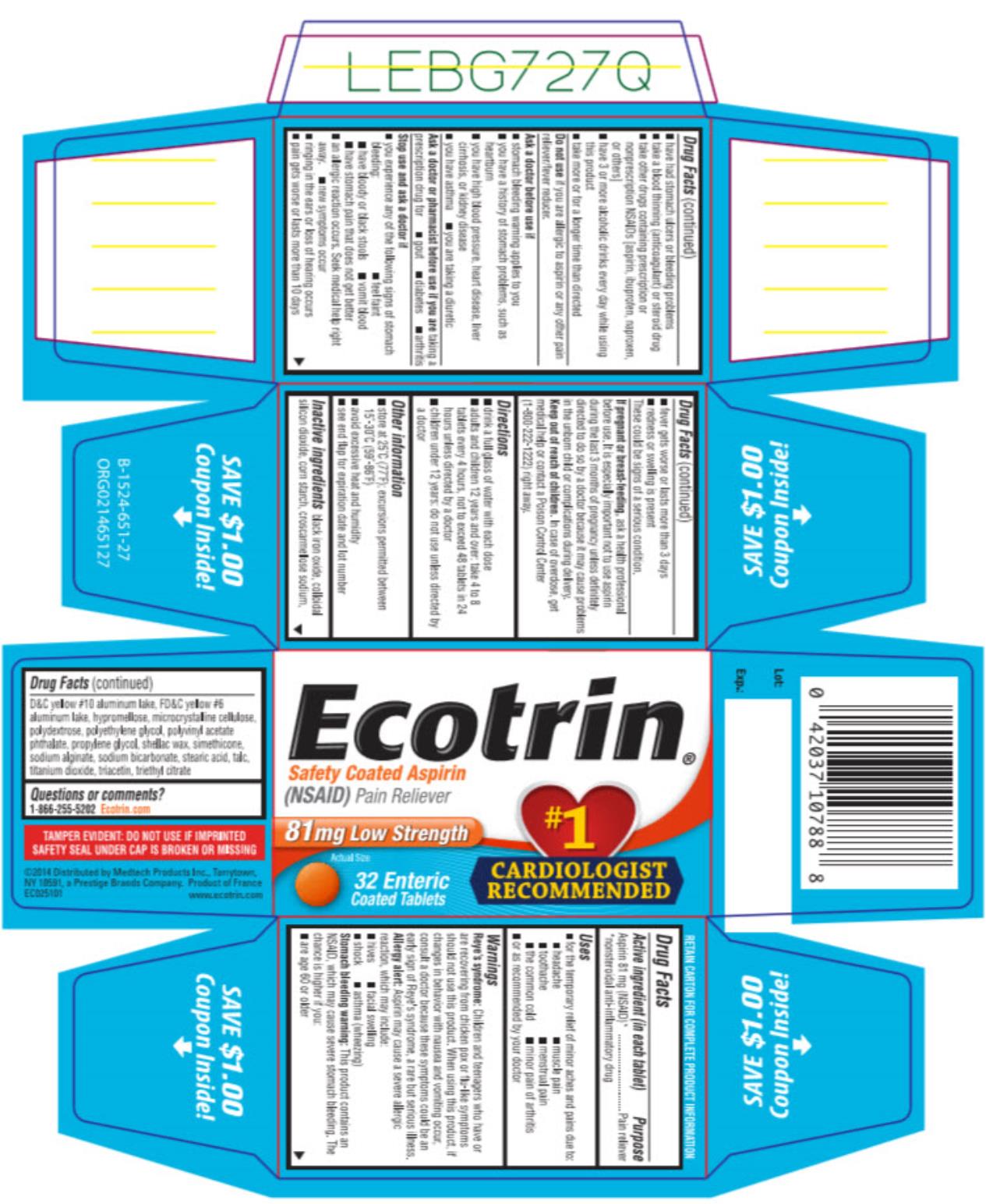 PRINCIPAL DISPLAY PANEL

Ecotrin®
Safety Coated Aspirin (NSAID) Pain Reliever
81 mg Low Strength 

32 Enteric Coated Tablets
