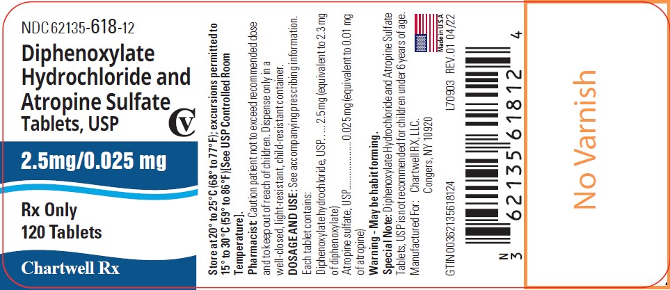 "Diphenoxylate Hydrochloride and Atropine Sulfate Tablet, USP (2.5/0.025 mg)- NDC: <a href=/NDC/62135-618-12>62135-618-12</a> -   120 Tablets Label"