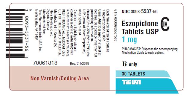 Eszopiclone Tablets 1 mg CIV 30s Label