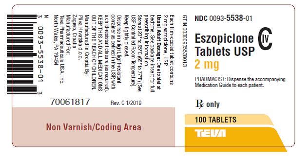 Eszopiclone Tablets 2 mg CIV 100s Label