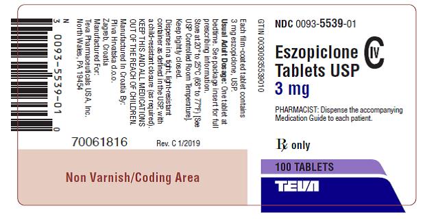 Eszopiclone Tablets 3 mg CIV 100s Label