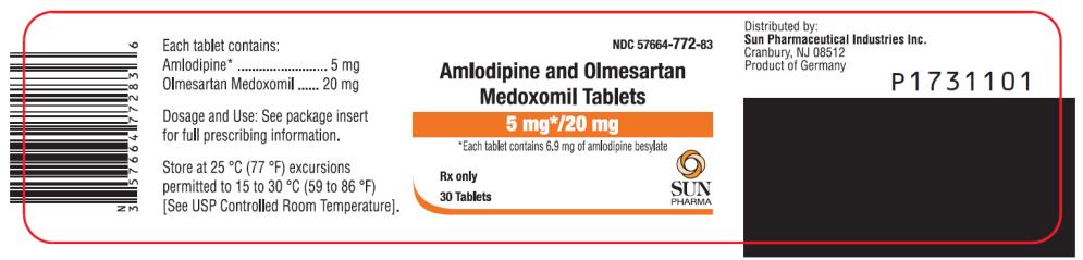 PRINCIPAL DISPLAY PANEL NDC: <a href=/NDC/57664-772-83>57664-772-83</a> Amlodipine and Olmesartan Medoxomil Tablets 5 mg*/ 20 mg *Each tablet contains 6.9 mg of amlodipine besylate 30 Tablets Rx Only