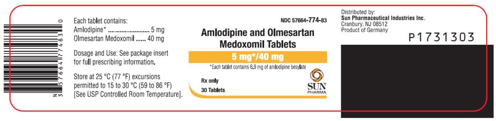 PRINCIPAL DISPLAY PANEL NDC: <a href=/NDC/57664-774-83>57664-774-83</a> Amlodipine and Olmesartan Medoxomil Tablets 5 mg*/ 40 mg *Each tablet contains 6.9 mg of amlodipine besylate 30 Tablets Rx Only