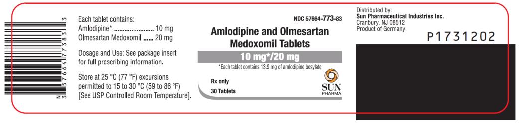 PRINCIPAL DISPLAY PANEL NDC: <a href=/NDC/57664-773-99>57664-773-99</a> Amlodipine and Olmesartan Medoxomil Tablets 10 mg*/ 20 mg *Each tablet contains 13.9 mg of amlodipine besylate 90 Tablets Rx Only