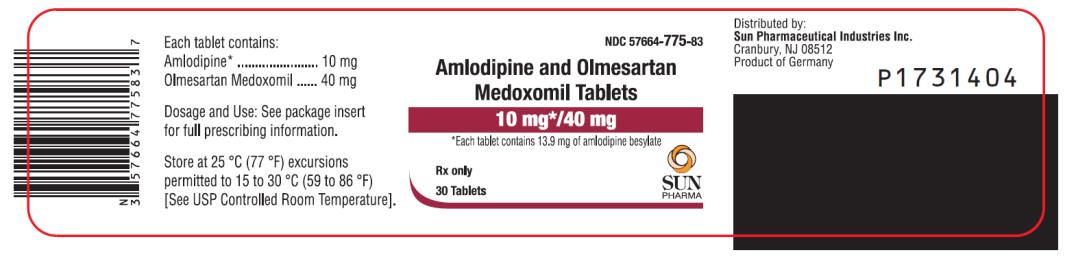 PRINCIPAL DISPLAY PANEL NDC: <a href=/NDC/57664-775-83>57664-775-83</a> Amlodipine and Olmesartan Medoxomil Tablets 10 mg*/ 40 mg *Each tablet contains 13.9 mg of amlodipine besylate 30 Tablets Rx Only