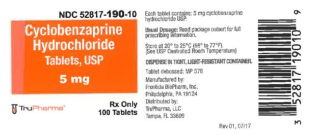NDC: <a href=/NDC/52817-190-10>52817-190-10</a>
Cyclobenzaprine 
Hydrochloride 
Tablets, USP
5 mg
Rx Only
100 Tablets
