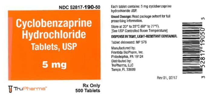 NDC: <a href=/NDC/52817-190-50>52817-190-50</a>
Cyclobenzaprine 
Hydrochloride 
Tablets, USP
5 mg
Rx Only
500 Tablets
