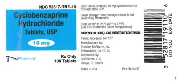 NDC: <a href=/NDC/52817-191-10>52817-191-10</a>
Cyclobenzaprine 
Hydrochloride 
Tablets, USP
10 mg
Rx Only
100 Tablets
