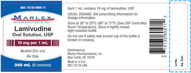 PRINCIPAL DISPLAY PANEL
NDC: <a href=/NDC/10135-0605-7>10135-0605-7</a>1
Marlex
Lamivudine
Oral Solution, USP
10 mg per 1 mL
Rx Only
240 mL ( 8 ounces)
