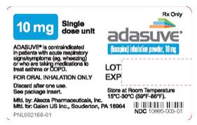 PRINCIPAL DISPLAY PANEL
NDC: <a href=/NDC/10885-003-01>10885-003-01</a>
adasuve
(loxapine) inhalation powder
1 single dose unit per pouch
10mg
Rx Only
