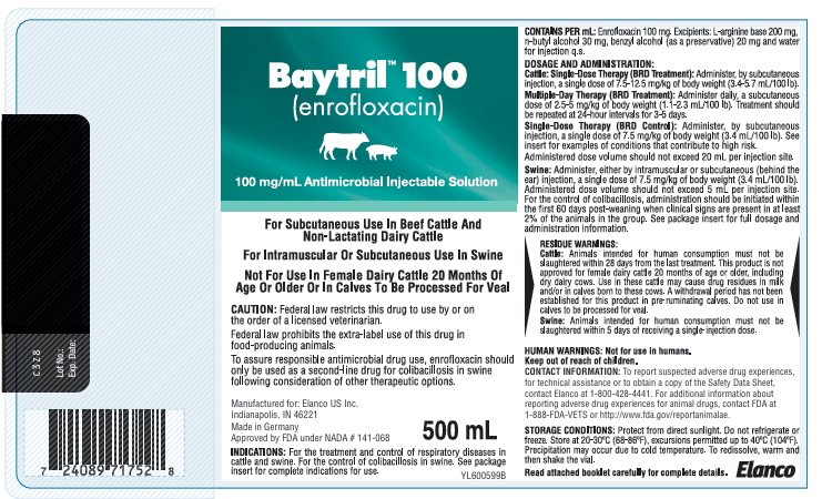 Baytril 100 (enrofloxacin) 100 mg/mL Antimicrobial Injectable Solution 500 mL Bottle Label