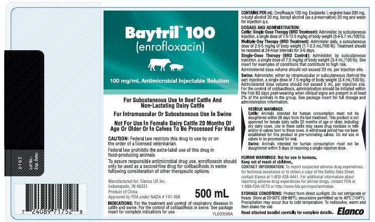 Baytril 100 (enrofloxacin) 100 mg/mL Antimicrobial Injectable Solution 500 mL Bottle Label
