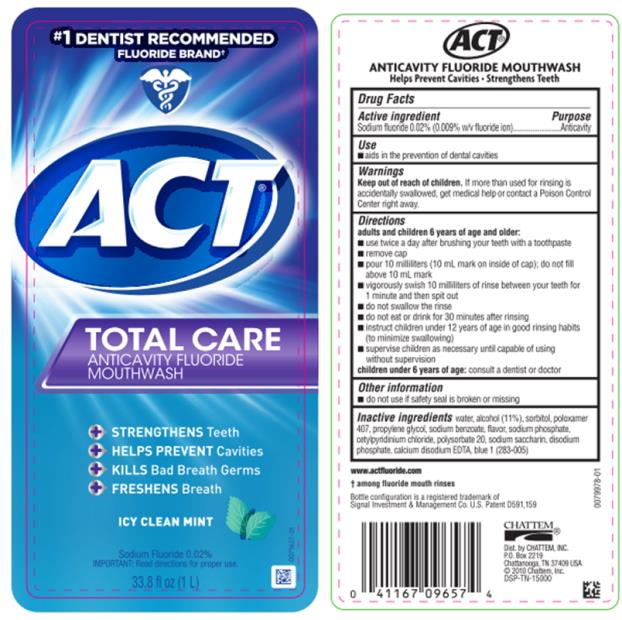 #1 DENTIST RECOMMENDED 
FLUORIDE BRAND
ACT
TOTAL CARE
ANTICAVITY FLUORIDE MOUTHWASH
ICY CLEAN MINT
Sodium Fluoride 0.02%
33.8 fl oz (1 L)
