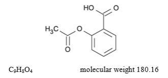 The following structural formula for Aspirin (benzoic acid, 2-(acetyloxy)-) is an analgesic, antipyretic, and anti-inflammatory.